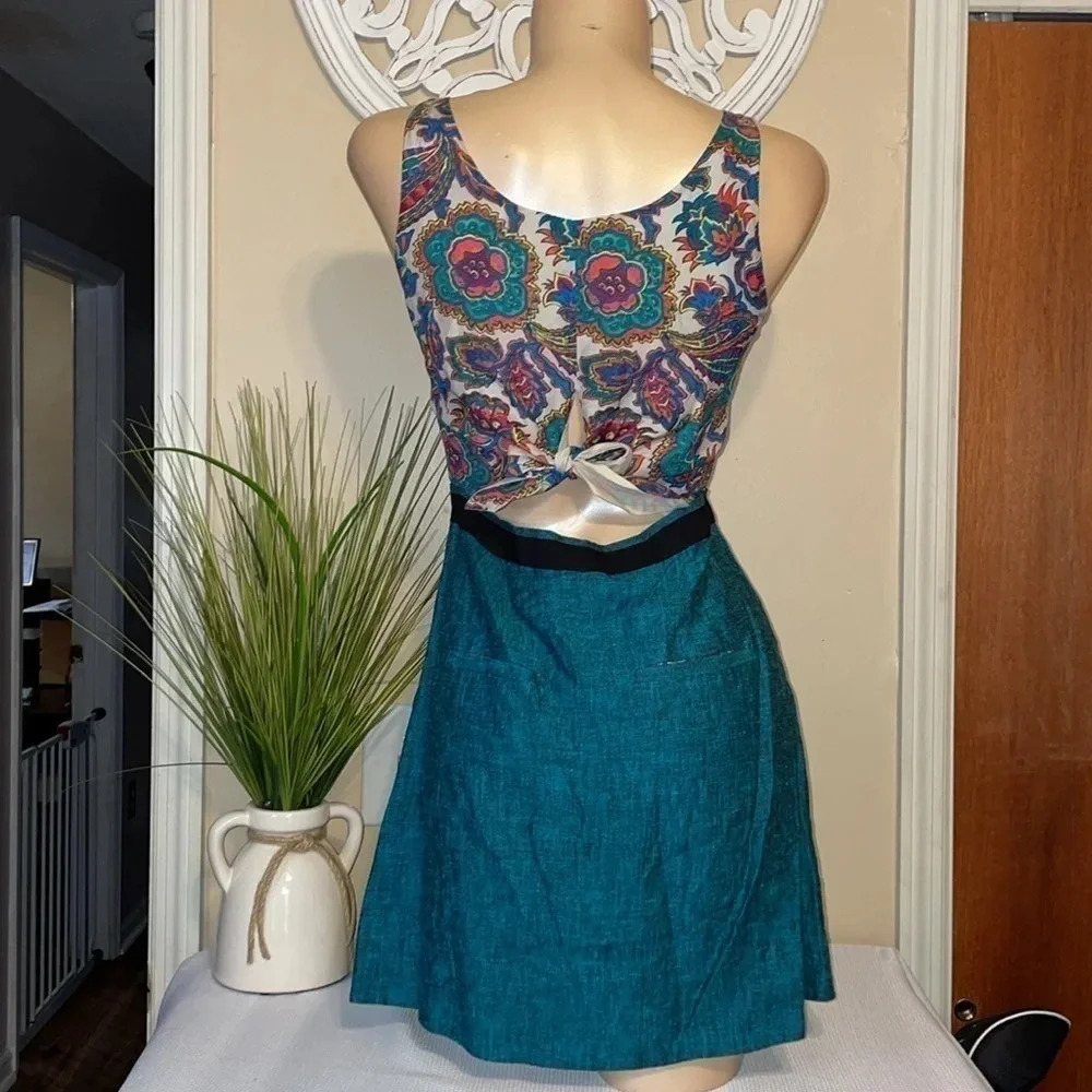 Rachel Roy women’s dress 6 small tank cutout tie back linen floral tie back teal - Picture 4 of 10